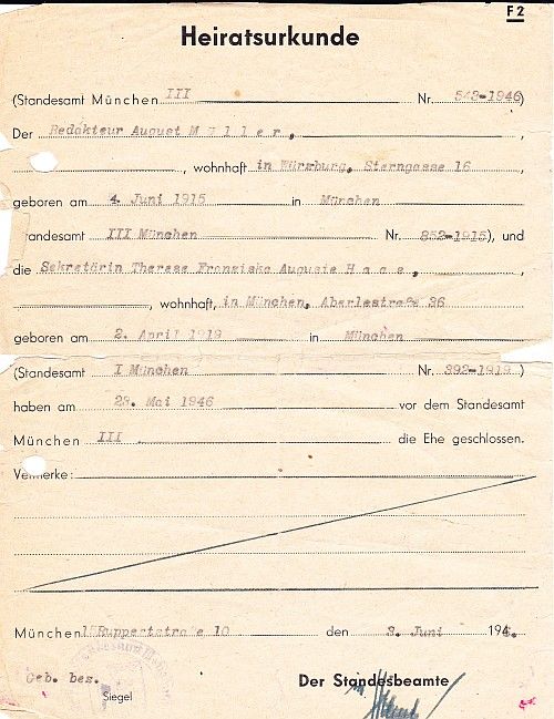 Foto der Heiratsurkunde Thea und Gustl, München 1946 Foto der Heiratsurkunde Thea und Gustl, München 1946