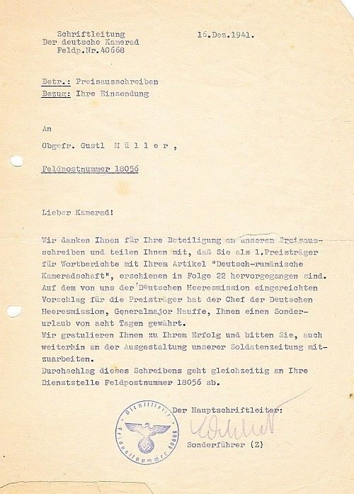 Foto Dokument über Sonderurlaub durch den Chef der Deutschen Heeresmission, Generalmajor Hauffe