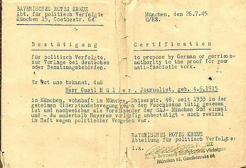 Dokument der Bestätigung des BRK für politisch Verfolgten Gustl Müller